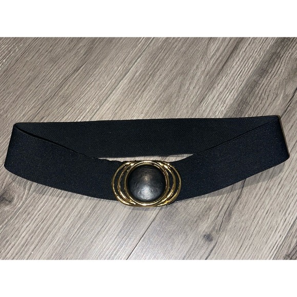 The Unbranded Brand Accessories - Vintage 80/90's Black Stretch Belt With Oval Faux Leather Buckle Gold Trim Y2K